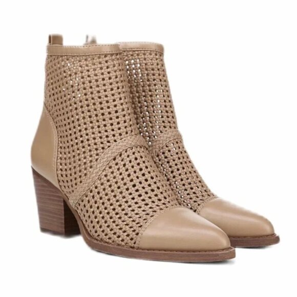 Sam Edelman | Tan Booties Woven Leather Block Heel Boots Size 7 Women's - Picture 1 of 8